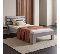 Homestyle4u Lit en bois 90 x 200 cm avec matelas et sommier à lattes, gris | Cadre de lit simple en bois massif pour adolescent