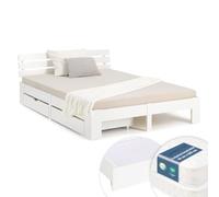 Homestyle4u Lit en bois blanc 180 x 200 cm avec matelas à ressorts et 2 tiroirs de lit