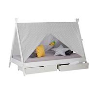 Homestyle4u Lit Enfant Tipi 90x200 Blanc avec Sommier à Lattes Tiroir 2 tiroirs et Tissu de Tente Gris étoilé