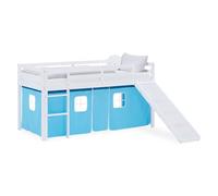 Lit superposé 90x200 cm avec Toboggan Lit mezzanine en Bois Pin Massif Lit d'enfant Cadre de Lit Rideau Bleu
