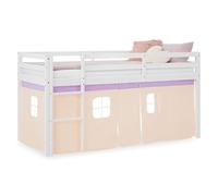 Homestyle4u Lit mezzanine, 90 x 200 cm, beige, avec protection anti-chute, rideau, échelle, espace de rangement, lit en pin massif