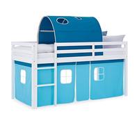 Homestyle4u Lit mezzanine, 90 x 200 cm, bleu, avec protection anti-chute, rideau bleu clair, tunnel de lit, en bois de pin massif, pour enfant