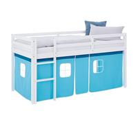 Homestyle4u Lit mezzanine 90x200 cm pin massif, sommier à lattes, rideau bleu