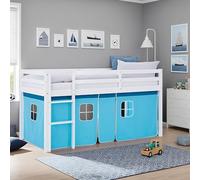 Homestyle4u Lit mezzanine 90 x 200 cm bleu - Lit pour enfant avec rideau et | Lit de jeu en pin massif - Ensemble en tissu bleu clair - Échelle sûre et protection contre les chutes - Lit pour chambre