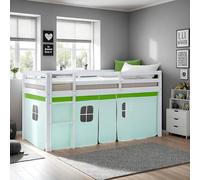 Homestyle4u Lit mezzanine 90 x 200 cm, vert, rideau de protection, échelle en bois de pin massif, lit mezzanine pour enfant