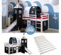 Homestyle4u Lit mezzanine 90x200 avec toboggan, tour, tunnel, sommier à lattes, rideau, thème pirate, pour garçon, noir, lit d'enfant, blanc, bois de pin massif, lit pour adolescent, lit ludique