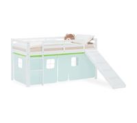 Homestyle4u Lit mezzanine avec toboggan 90 x 200 cm, blanc, lit d'enfant, en bois de pin, avec rideau vert, article 2968