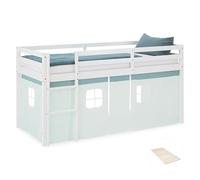 Homestyle4u Lit mezzanine pour enfant 90 x 200 cm avec rideau et sommier à lattes, escalier, vert, cadre de lit en bois de pin blanc