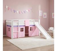 Lits superposé 90x200 cm avec Toboggan Sommier à lattes Lit mezzanine en Bois Pin Massif Rideau Rose