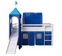 HOMESTYLE4U Lit Mezzanine pour Enfant en pin Naturel Massif avec Motif Bleu, Taille Unique