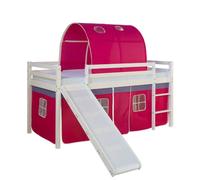Homestyle4u Lit mezzanine Toboggan Pin massif Matelas 90x200 cm Rideau tunnel rose