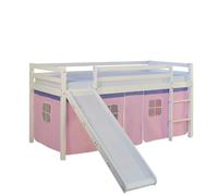 Lits superposé 90x200 cm avec Toboggan Matelas Lit mezzanine en Bois Pin Massif Rideau Rose Sommier à lattes