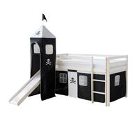 Lits superposé 90x200 cm avec Tour Toboggan Matelas Lit mezzanine en Bois Pin Massif Rideau Pirate Noir Sommier à lattes