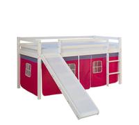 Lits superposé 90x200 cm avec Toboggan Sommier à lattes Lit mezzanine en Bois Pin Massif Rideau Rose