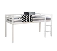 Homestyle4u Lit mi-hauteur massif 90x200 cm blanc pour adolescents avec sommier à lattes et échelle