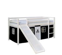 Homestyle4u Lit mezzanine 90x200 cm – Pin massif, sommier à lattes, toboggan, rideau pirate noir
