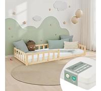 Homestyle4u - Lit d'enfant Montessori 90x200 cm au sol avec matelas et barrière en bois naturelle