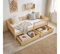 Homestyle4u Lit pour enfant, 90 x 200 cm, avec protection anti-chute et 2 tiroirs, sommier à lattes, lit de sol naturel, avec tiroir, lit en bois de pin, lit simple