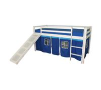 Homestyle4u Lit simple en hauteur – Pin massif, toboggan blanc, rideau bleu – 90x200 cm