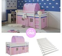 Homestyle4u Lit surélevé 90x200 avec sommier à lattes tunnel rideau rose Lit d'enfant blanc bois pin massif Lit d'adolescent