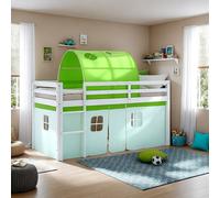 Homestyle4u Lit surélevé pour enfant 90x200 avec sommier à lattes Tunnel Rideau vert Lit pour enfant