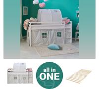 Homestyle4u Lit surélevé pour enfant 90x200 blanc avec sommier à lattes tunnel étoiles