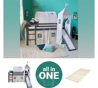 Homestyle4u Lit surélevé pour enfants 90x200gris avec sommier à lattes Toboggan Tour Rideau