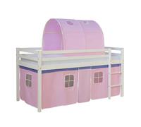 Homestyle4u Lit surélevé 90x200 avec sommier à lattes tunnel rideau rose Lit d'enfant blanc bois pin massif Lit d'adolescent