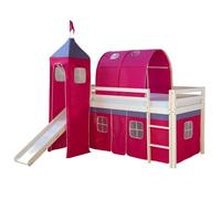 Homestyle4u Lit superposé 90x200 cm tour, tunnel et toboggan, matelas, rideau rose, sommier à lattes
