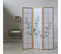 Homestyle4u Séparateur de pièce intérieur 3 Panneaux en Bois Brun Clair Paravent Pliable avec Motif Bambou Shoji Papier de Riz