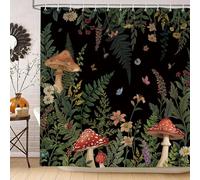 hometrixx Rideau de Douche Vintage Champignon Fleurs Feuilles 180x200 Noir | Imperméable Polyester, Infroissable, Séchage rapide, Rideaux de Douche pour Salle de Bain, Lavable en Machine 12 Crochets