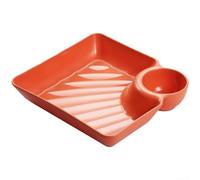 HomeVortex Assiette à raviolis carrée divisée avec compartiment à sauce intégré, vaisselle moderne en plastique PP pour cuisine et salle à manger, base antidérapante et bords lisses, orange rouge