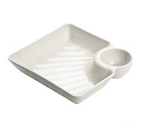 HomeVortex Assiette à raviolis carrée divisée avec compartiment à sauce intégré, vaisselle moderne en plastique PP pour cuisine et salle à manger, base antidérapante et bords lisses, blanc