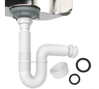HomeVortex Tuyau de vidange flexible d'évier avec siphon en P et adaptateur, tuyau d'évacuation ondulé de 3,8 cm et 3,8 cm pour cuisine, salle de bain, camping-car, extensible de 20 cm à 80 cm, blanc