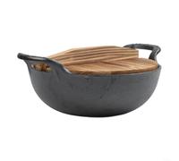 HomeVortex Wok en fonte non revêtu, 20 cm pour poêle à frire à fond plat à double poignée, batterie de cuisine antiadhésive pour cuisinières électriques à induction, gaz, avec couvercle en bois (B)