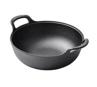 HomeVortex Wok en fonte non revêtue de 20 cm pour poêle à frire à fond plat à double poignée, batterie de cuisine antiadhésive pour cuisinières électriques à induction à gaz, avec couvercle en bois (A