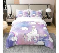 Homewish Coton, Ensemble de Literie Licorne 200x200, Housse de Couette Kawaii Arc-en-Ciel pour Enfants Filles, Parure de Lit Licorne Cheval, Couvre-Lit Galaxie Étoiles Nuages, Violet