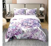Homewish Coton Fille Violet Hortensia Literie Set 240 x 260 Fleurs Bleu Foncé Parure de Lit Papillons de Jardin Housse de Couette Rustique Printemps Esthétique Couvre Lit avec 2 Taies d'oreiller