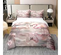 Homewish Coton Flamant Housse de Couette 240 x 260 Fleurs de Cerisier Japonais Couvre Lit Romantique Tropical Animal Floral Parure de Lit 3D Esthétique Literie Set