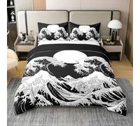 Homewish Coton Fuji Mountain Housse de Couette 220x240,Style Japonais Vagues Sunshine Parure de Lit,Ukiyoe Ensemble de Literie Douce,Noir Blanc Mountain Ocean Couvre Lit Lit