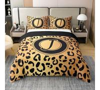 Homewish Coton Housse de Couette 140x200 Enfant Léopard Parure de Lit Lettre Initiale Circulaire J Sets de Housses de Couettes Monogramme Guépard Noir Doré Couvre Lit Esthétique Mode Personnalisée