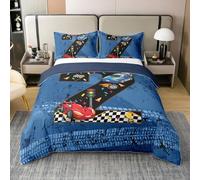 Homewish Coton Housse de Couette 200x200 Enfant Voiture de Course,Parure de Lit Aquarelle Numéro 2 Voitures de Course,Sets de Housses de Couettes Sports Extrêmes,Couvre Lit Piste Grille Plaid Décor