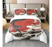 Homewish Coton Koi Housse de Couette 200x200 Japonais Ukiyoe Couvre Lit Vague Fleur Parure de Lit Japon Soleil Rouge Literie Set Hommes Femmes Adultes
