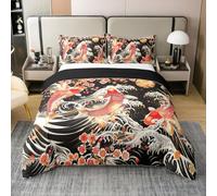 Homewish Coton Koi Housse de Couette 220x240,Vague Japonaise Ukiyoe Style Doux Parure de Lit,Carpe Soleil Sakura Literie Set,Noir Rouge Pétale Poisson Couvre Lit