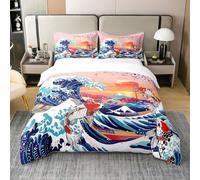 Homewish Coton Koi Housse de Couette 240 x 260,Japonais Ukiyo Style Vagues Parure de Lit,Fuji Mountain Carp Sun Literie Set,Bleu Orange Rouge Sakura Poisson Couvre Lit