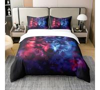 Homewish Coton Loup Housse de Couette 220x240,3D Animaux Sauvages Parure de Lit,Safari Fumé Rouge Bleu Noir Chambre À Coucher Décoration Literie Set,Ferme Féroce Couvre Lit