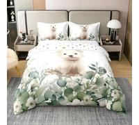 Homewish Coton Mignon Chien Blanc 220x240 Housse de Couette,Dessin Animé Chiot Pug Parure de Lit,Plantes de Jardin Vintage Bambin Literie Set,Feuilles D'Eucalyptus Vert Couvre Lit Kawaii Linge de Lit