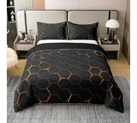 Homewish Coton Orange Géométrique Housse de Couette Nid d'abeille Abstrait Parure de Lit Garçons Filles Noir Maille Plaid Literie Set 220x240 Nid d'abeille Hexagonal Literie Soft Warm Decor