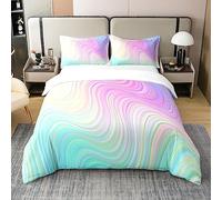 Homewish Coton, Parure de Lit 240x260 Enfant Arc en Ciel Pastel, Housse de Couette À Rayures Abstraites, Ensemble de Literie Tendance Marbrée Bleu Turquoise Rose Violet, Psychédélique