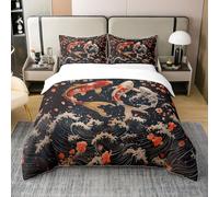 Homewish Coton Rouge Blanc Koi Housse de Couette Style Japonais Parure de Lit 200x200 Rose Sakura Literie Set Lit Vague Bleu Ensemble Housse de Couette avec 2 Taies d'oreiller